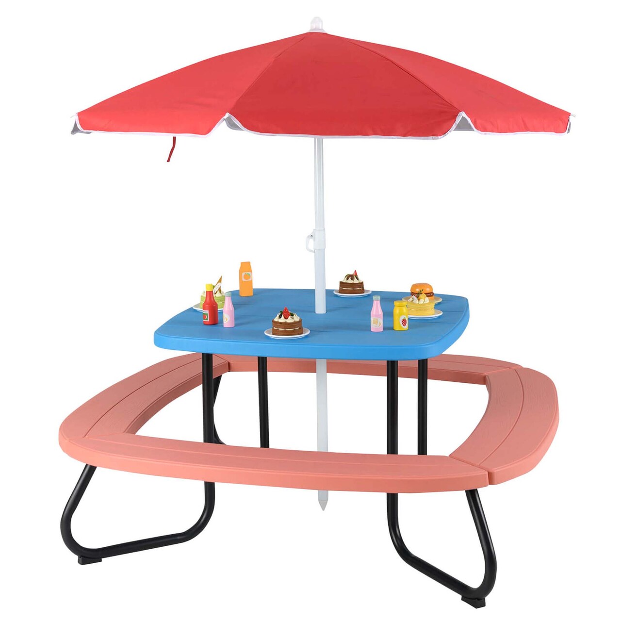 Costway Kids Picnic Table Outdoor Activity Table with Adjustable & Collapsible Umbrella Blue/White/Brown